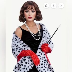 Dalmatian Elegant Shawl &Red Satin Gloves and Pearl Necklace, Cigarette Holder